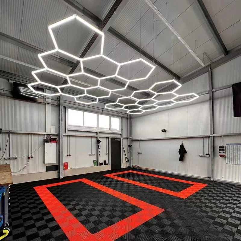 One-step Connection High Flux Car Showroom Ceiling Light Auto Workshop Designed Pink Outframe LED Hexagonal Kit