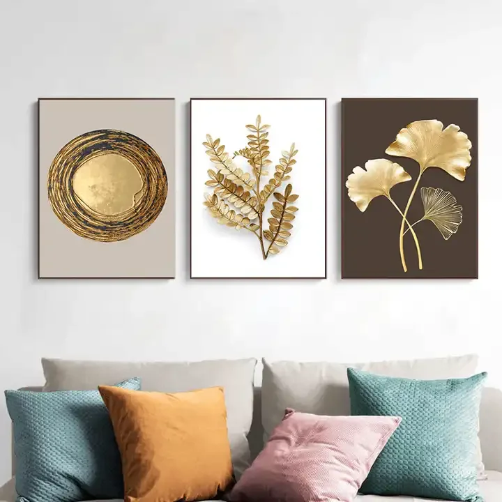 Modern Luxury Circle Golden Leaf Wall Art Crystal Porcelain Wall Art Painting Glass Art Print Painting