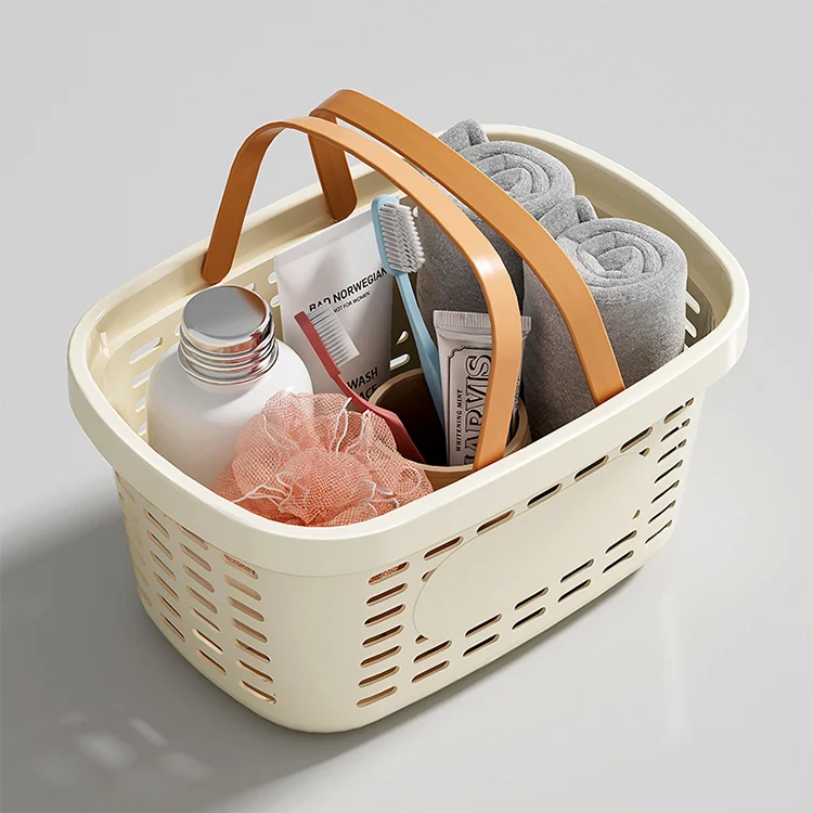 Portable small white plastic laundry shower caddy picnic food organizer storage basket with handle holes
