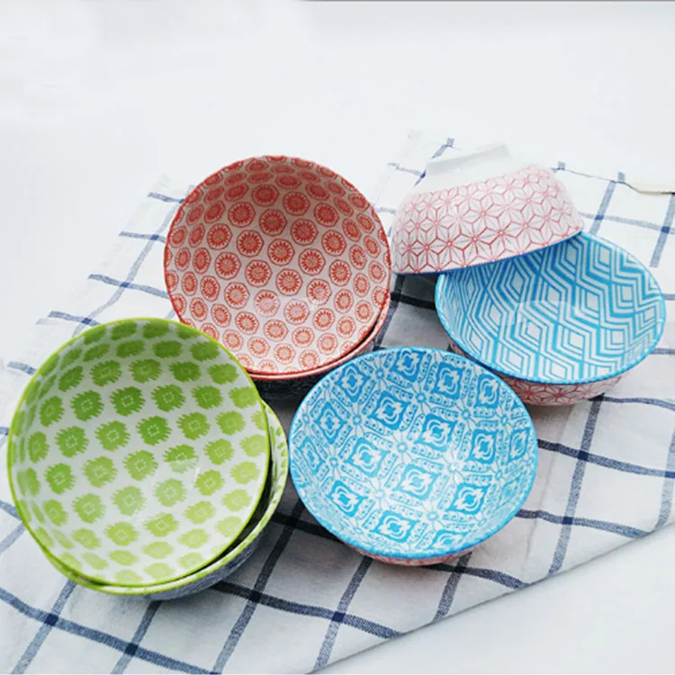 
4.75 fancy japanese color round pad printing soup noodle salad rice ceramic bowl 