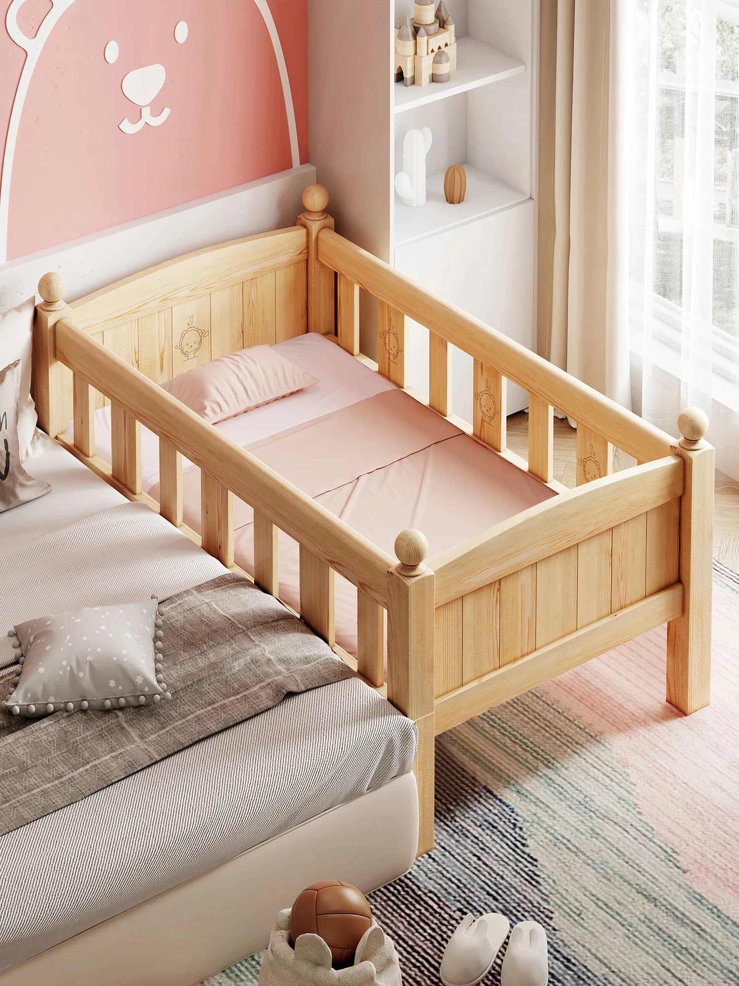Children home living room  natural solid wood modern baby bed  with guardrail