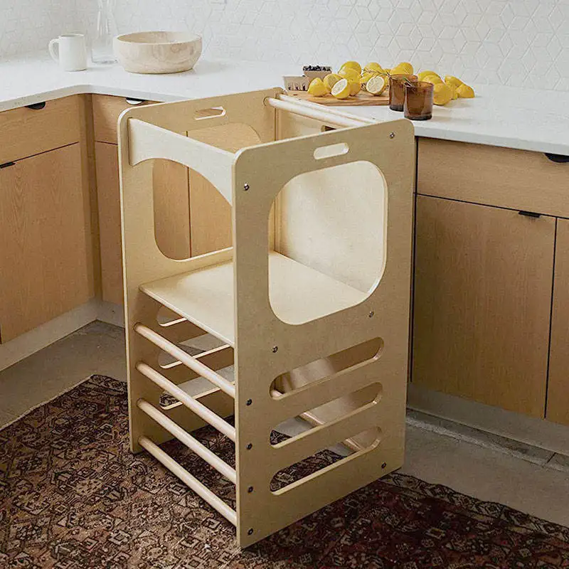 Children Kitchen Step Stool Wooden Climbing Frame Montessori Toddler Learning Tower with Slide and Blackboard Natural for Kids