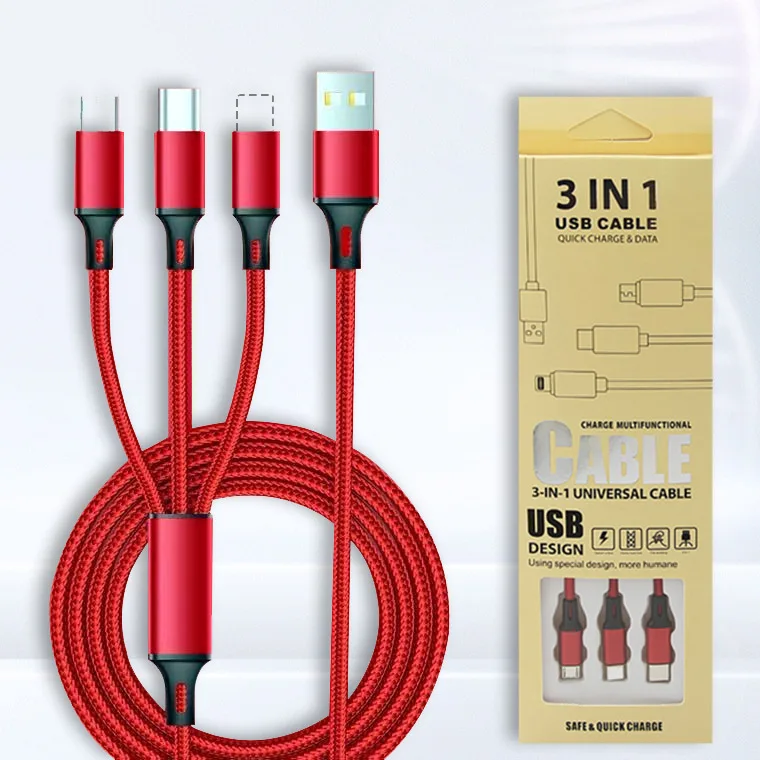 On stock Nylon Braided Fast Charging 8 Pin USB 3 in 1 USB To Type-C Micro-USB Charger Cable For Phone