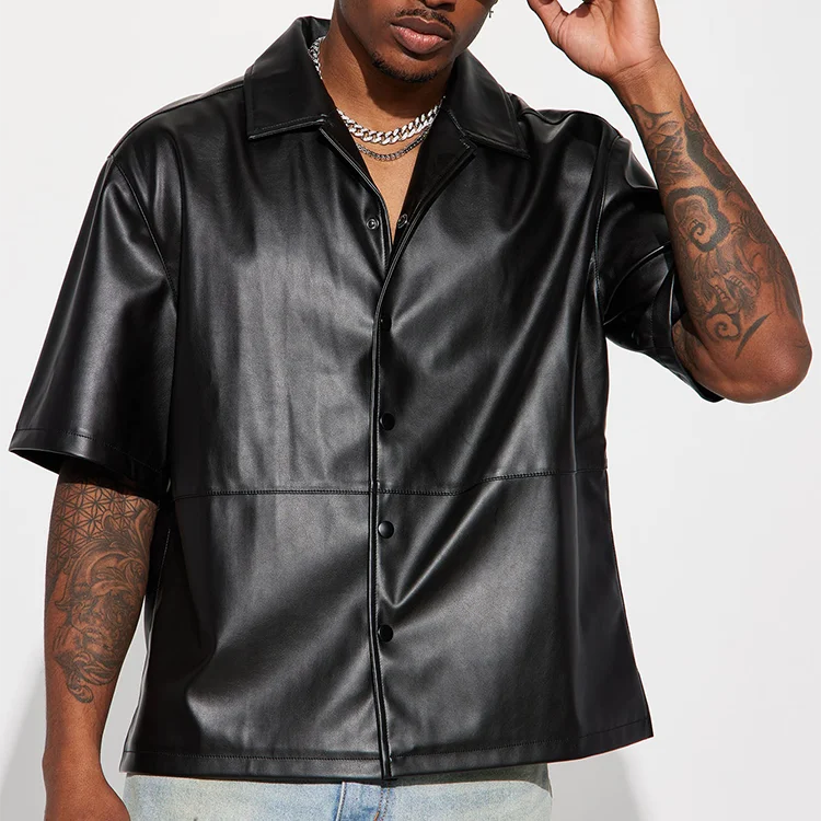 Black Summer Custom Logo Men Blank Faux PU Leather Short Sleeve Button Up Shirts