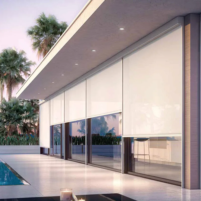 Garden patio windproof waterproof auto retractable pvc shade screens tubular motor motorised roller zip track outdoor blinds