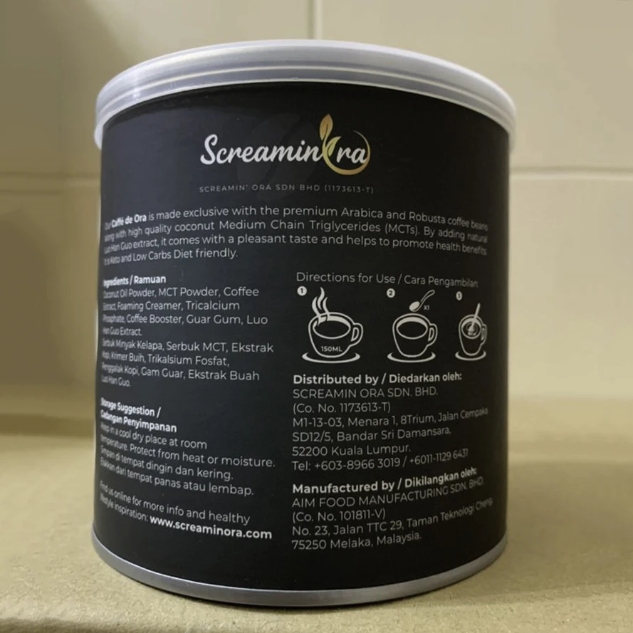 High Quality 100% Keto Caffe de Ora Instant Coffee with Natural Nutritious Luo Han Guo extract