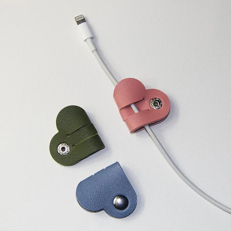 Wholesale pu leather heart shape cable organizer logo print earphone cable organizer for advertising promotional gifts