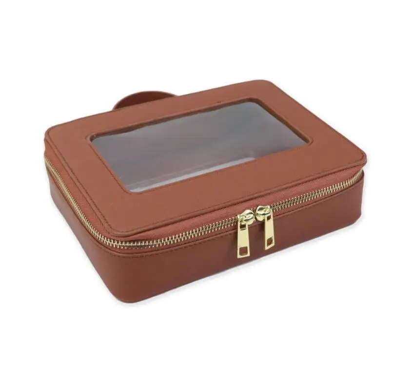 Travel PU saffiano leather makeup bags handle zipper clear wash case transparent cosmetic bag for women