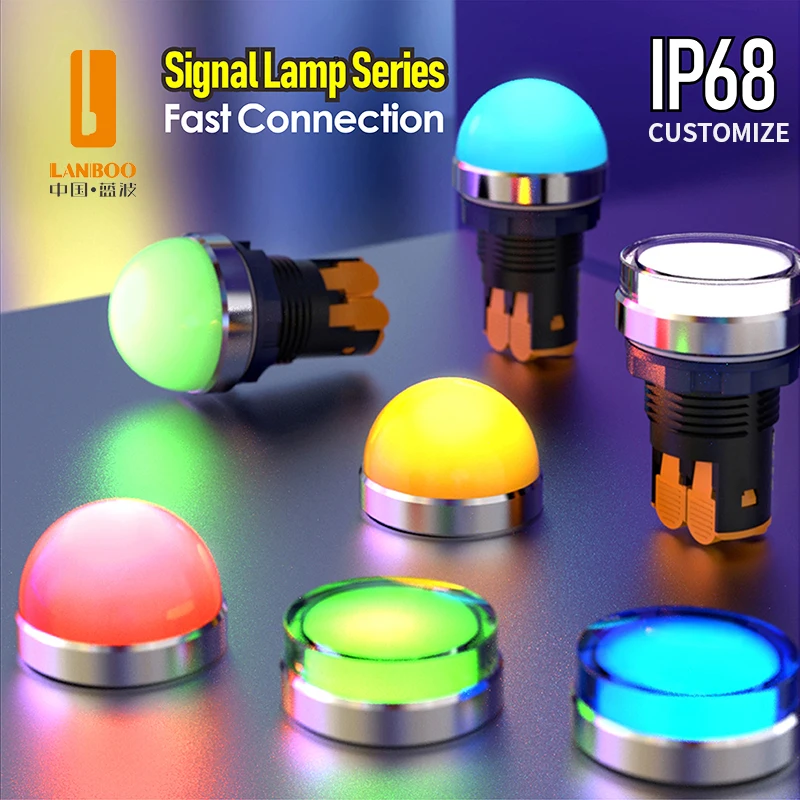 LANBOO 22mm IP68 Red Green Blue Yellow LED 12V 24V 110V 220V 250V 380V Indicator Light Pilot Signal  Lamp Caution Light