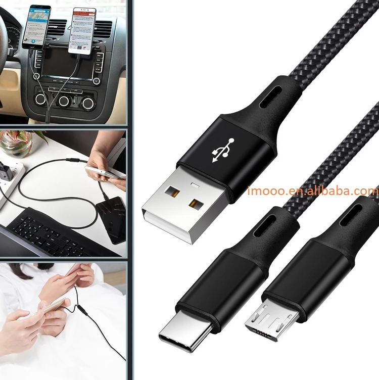 Factory Price 2 in 1 Cable 5V 2.4A Type C Micro USB Fast Charging Wire 1.2M Nylon Braid Y Splitter Mobile Phone Cables