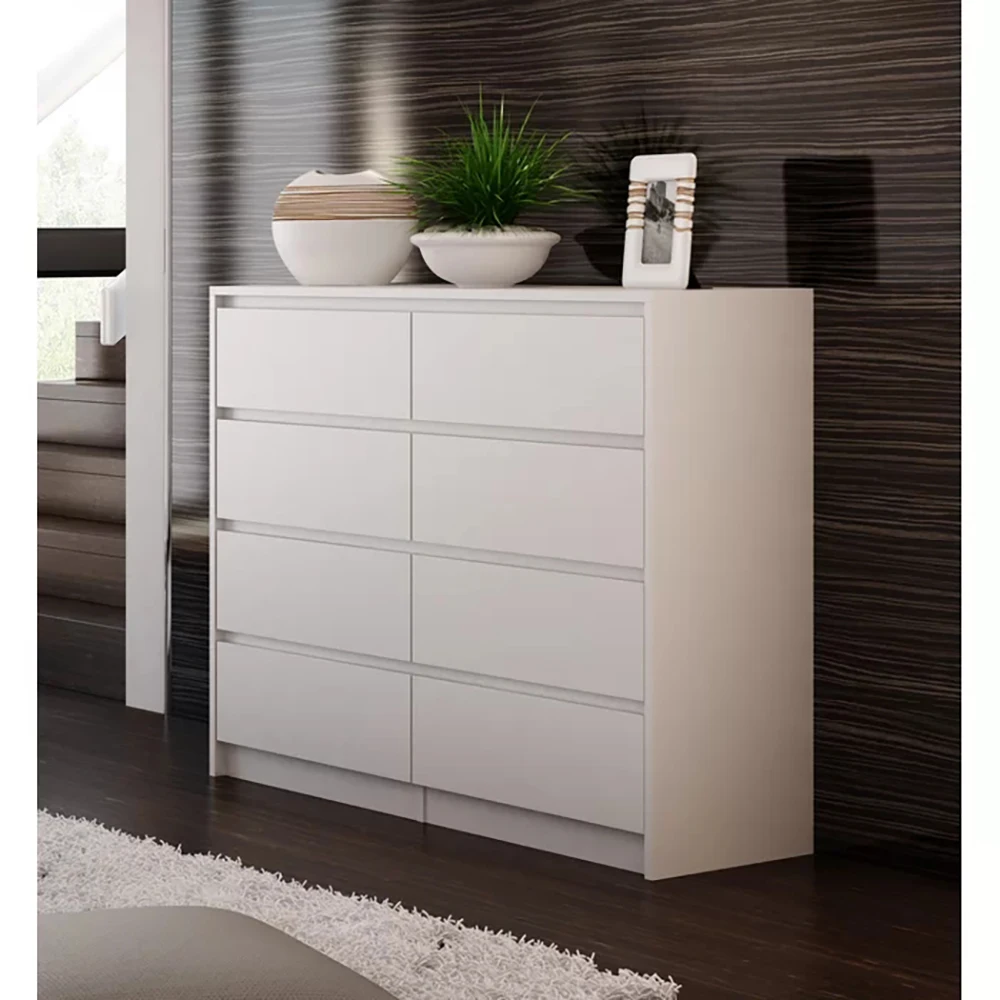 Chest of Drawers Factory New China Design Gloss Finish White 8 Drawer Storage Stainless Steel Laminated Board Metal Slide 32.6kg