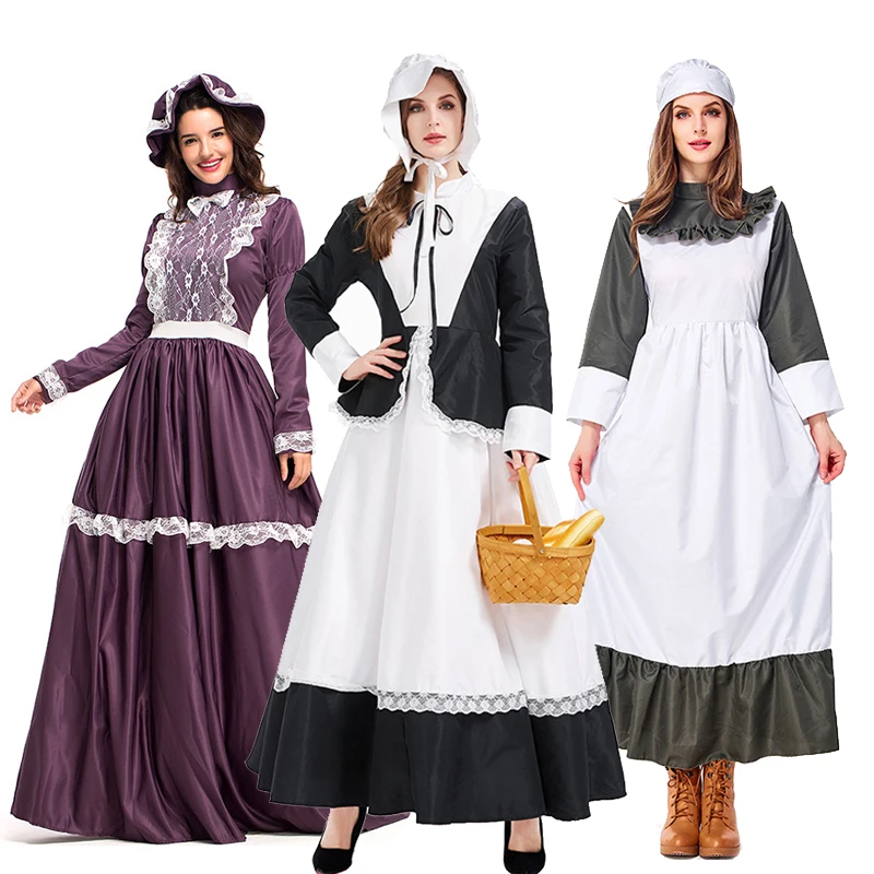 Carnival Halloween Lady Little House On The Prairie Costume American Pioneer Pilgrim Playsuit Cosplay Fancy Party Dress