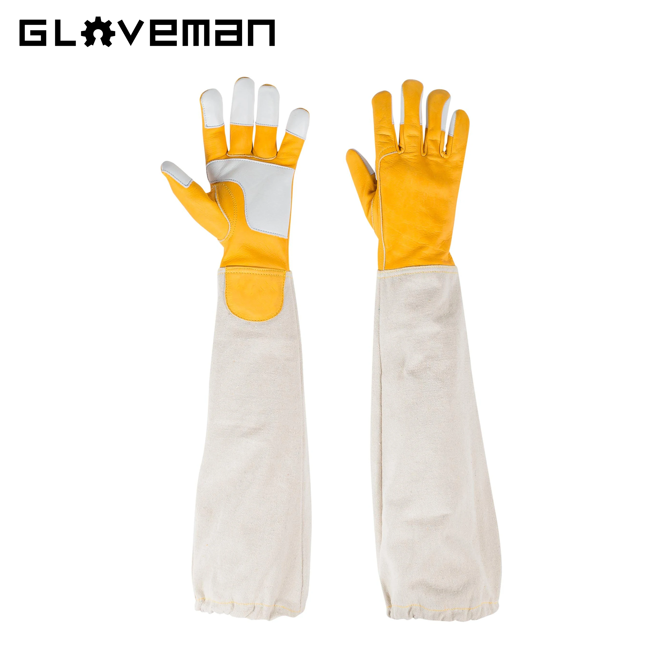 GLOVEMAN Thick Goatskin Cow Leather Canvas Long Sleeves Elastic Cuffs Beekeeper Protected Gloves for Beekeepers Hand Protection