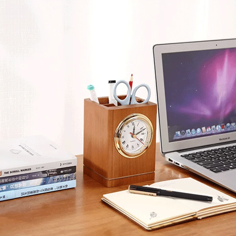 office pen display stand wooden desk organizer pen holder with clock