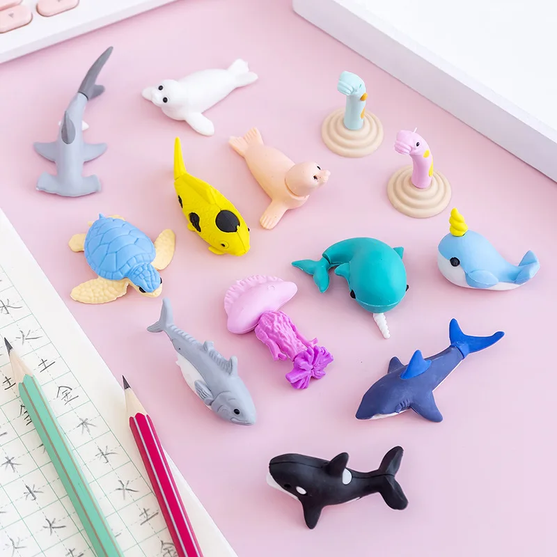 Creative 3D rubber sea lion shark shape underwater sea eraser for school