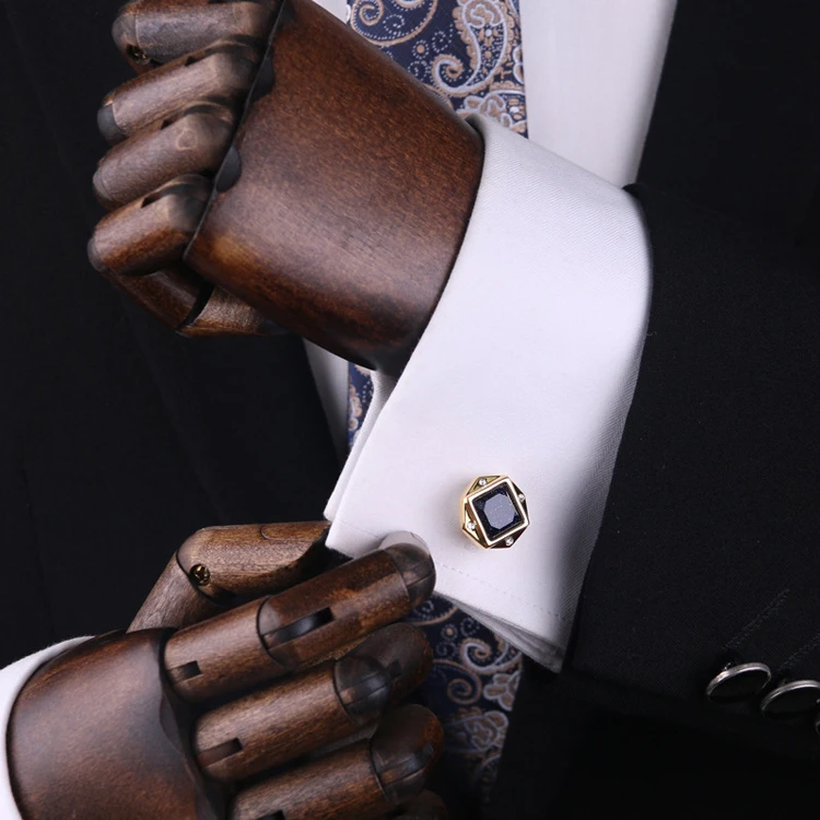 French style suit custom stainless steel cuff links gold plating diamond men cufflinks with black