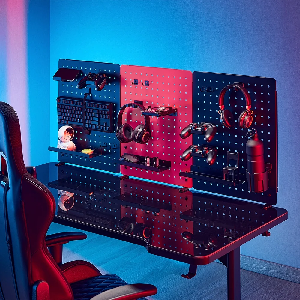 PB-003 тройной Металл игровой клавиатуры Pegboard организации настольное крепление на заказ Крючки Горячая продажа сталь колышек доска