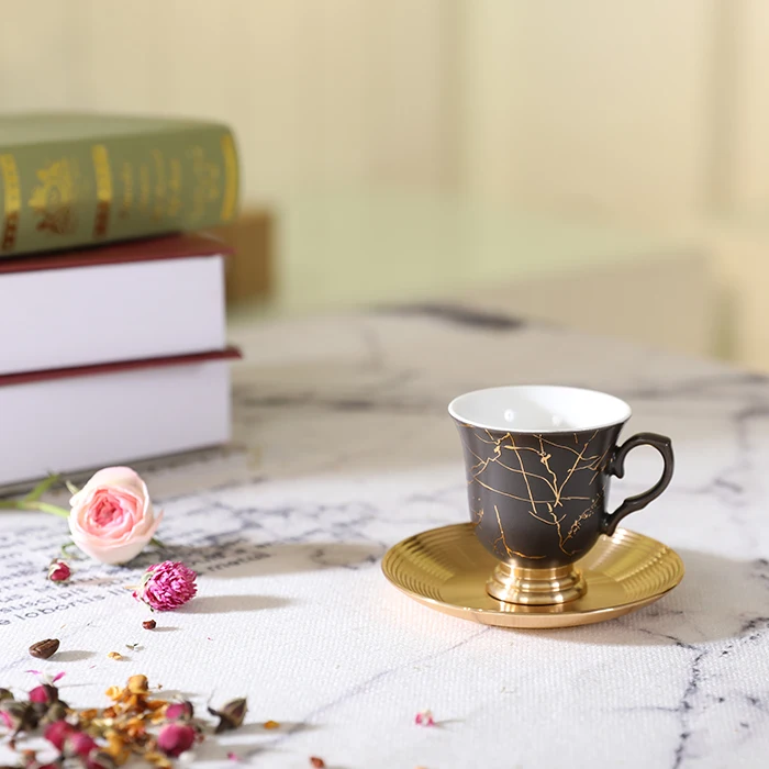 Amber  gold-plated matt black  porcelain ware coffee and tea cup  with aluminum saucer and aluminum bottle