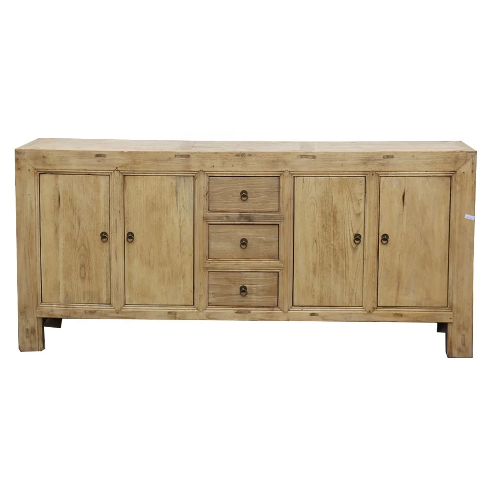 Antique reproduction reclaimed wood natural raw sideboard buffet cabinet