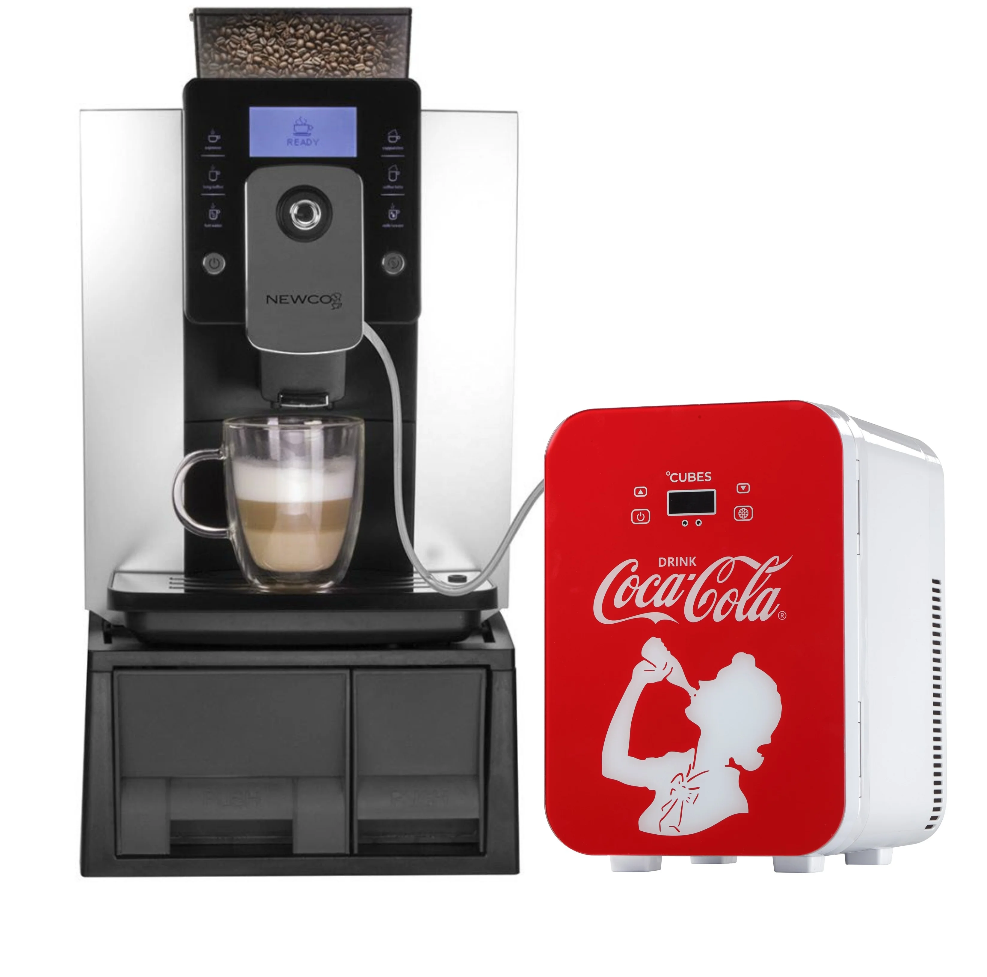 10L coffee maker beside mini milk fridge cooler with tube at both sides heating and chilling