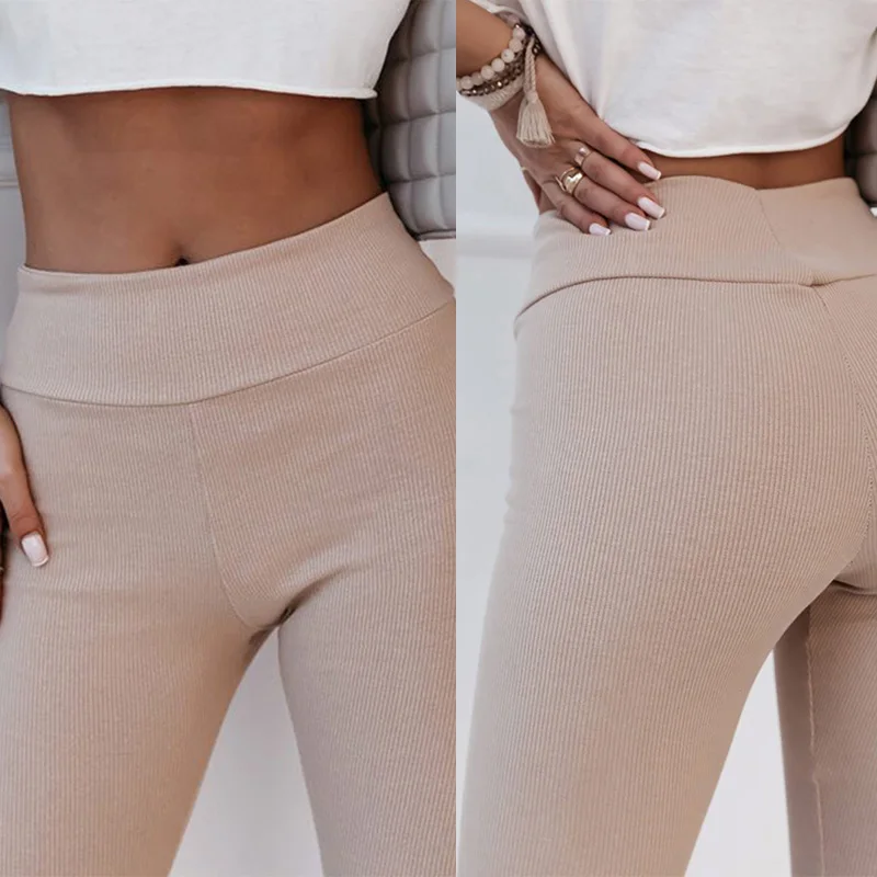 Custom Logo Solid Color Rib Knit High Waist Slit Winter Women Scrunch Butt Seamless Leggings