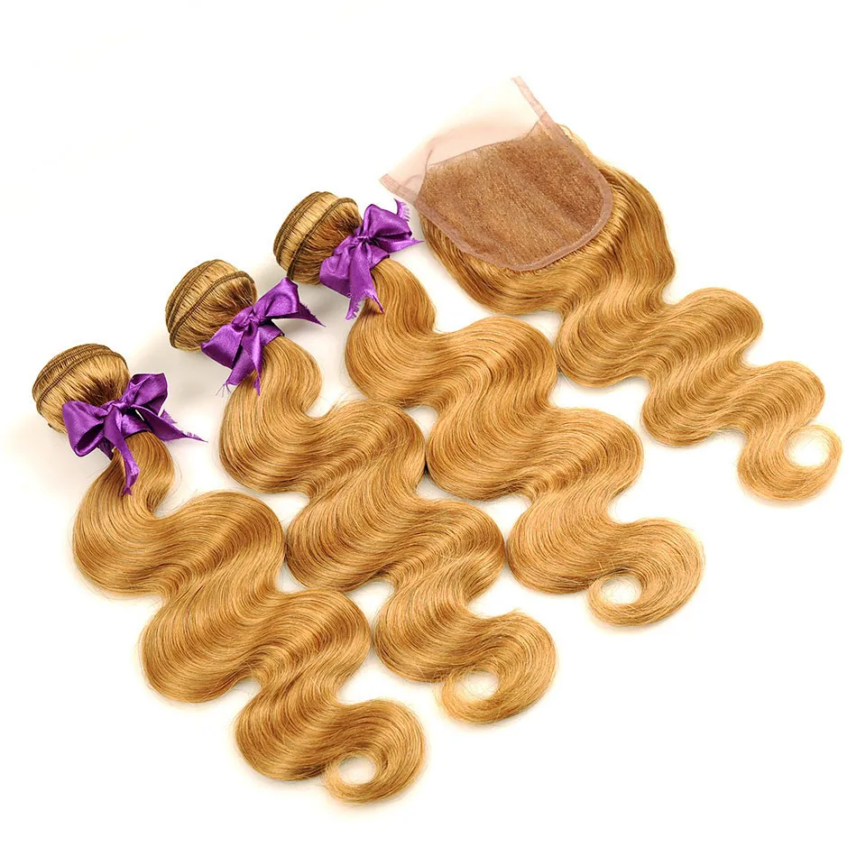 Factory Price Color 27 Honey Blonde Brazilian  Hair weave bundles, 100% Human Hair Bundles 10-26 inch remy hair weft