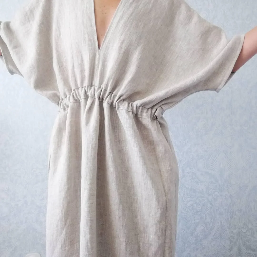 New Design midi dress with pockets 100% linen trendy loose deep v neck oatmeal 3/4 sleeve elastic waist ladies midi casual dress