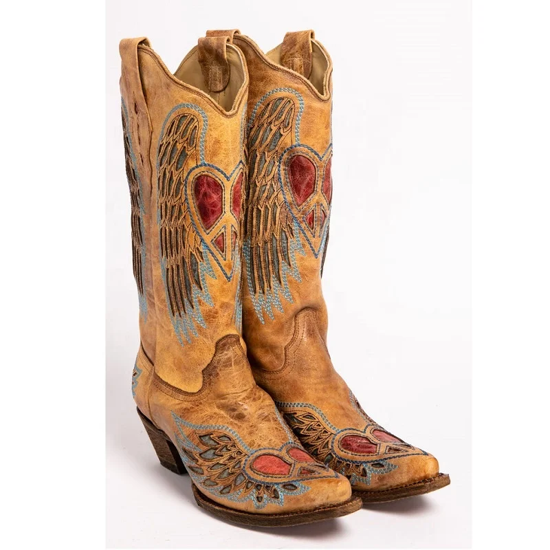 
Cowinner Woman Inlay Embroidered Cowgirl Boot Embroidery Inlay Leather Boots Snip Toe 