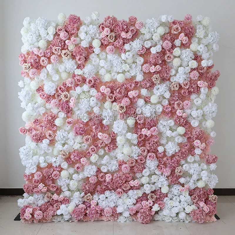 SW wholesale cheap roll up flower wall backdrop 8ft*8ft flower panel wall decorative 3d cloth back pink and white flowers wall