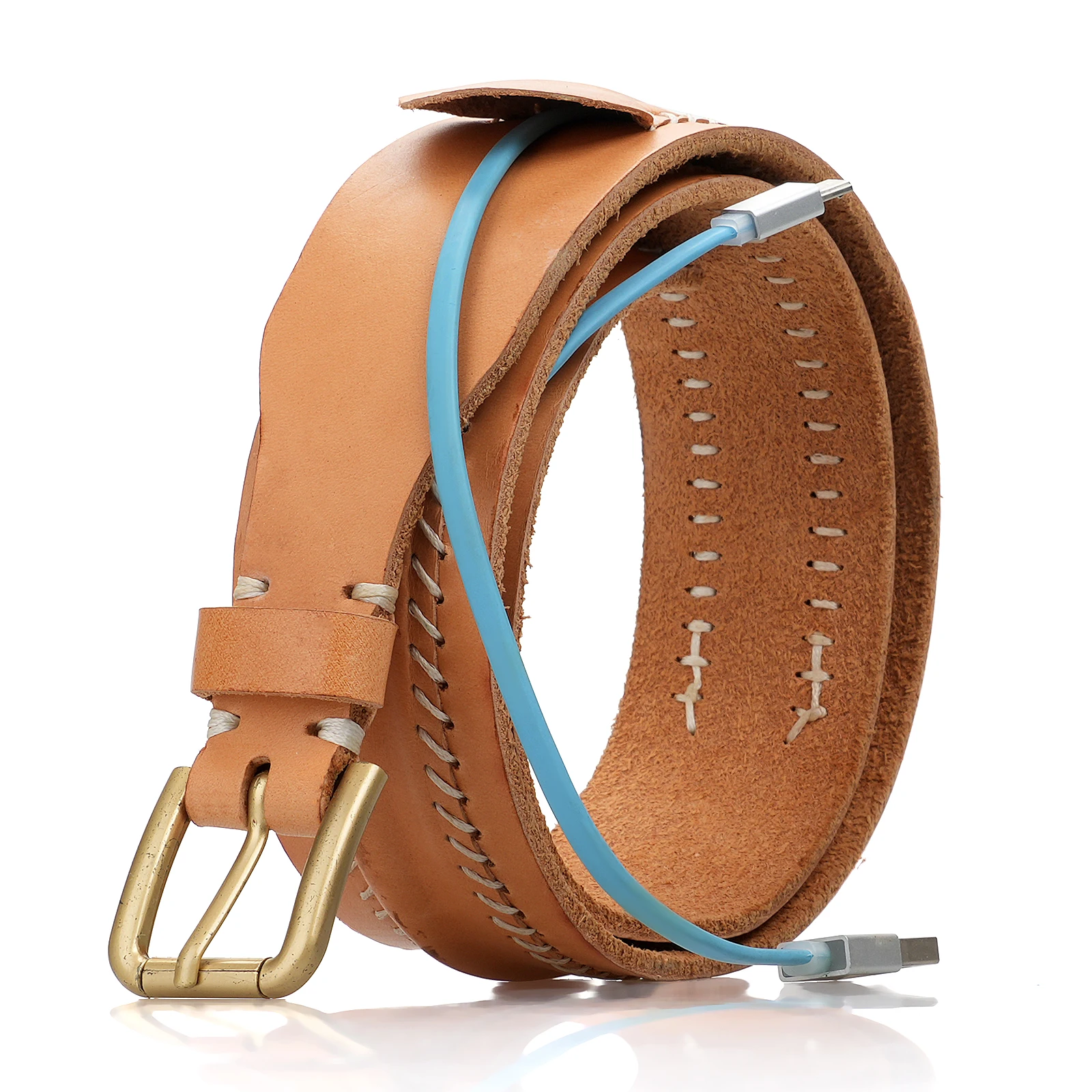 Custom Fashion retro adjustable with usb charging cablepu leather women brown pin buckle belt