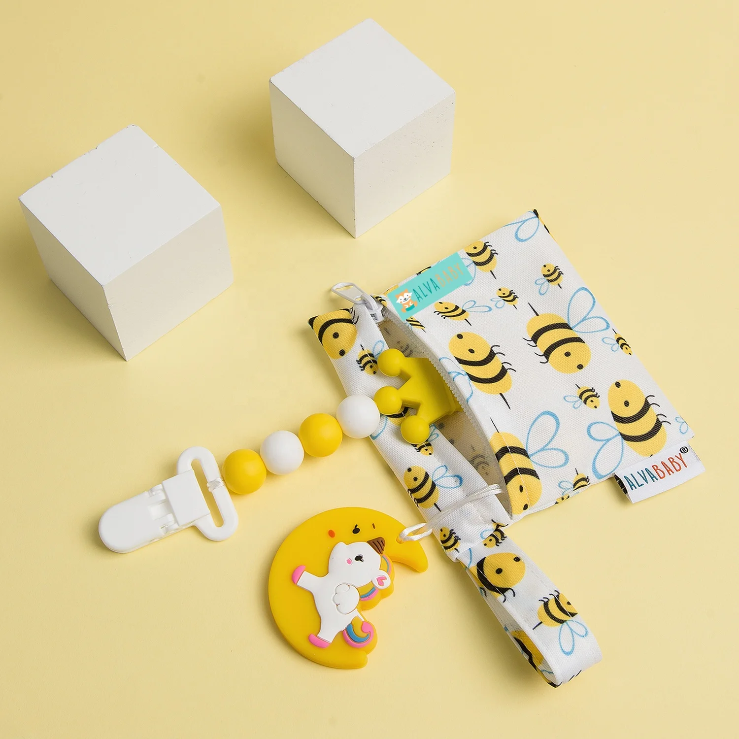 ALVABABY Silicone Pacifier Clip with Unicorn Teething Toy or Soother Holder Clip Baby Shower Gift