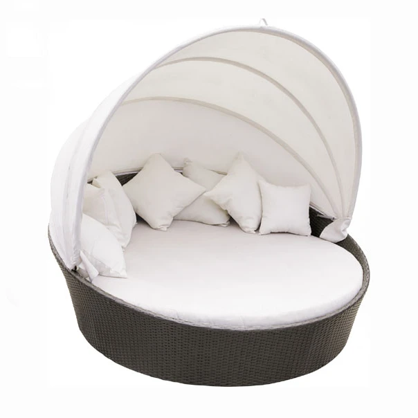 Outdoor furniture swimming pool beach aluminum rattan round leisure sunbed with awning
