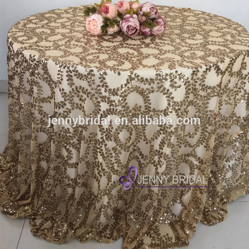
 SQN#73 Embroidered fancy wedding leaf pattern rose gold sequin table cloth  