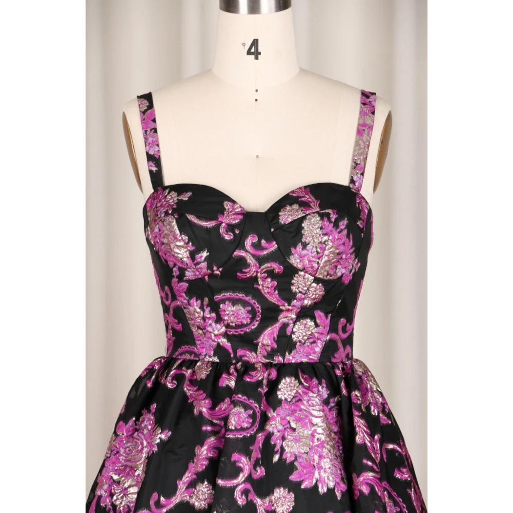 A line Straps Flower pattern satin brocade jacquard fabric wedding dress Sleeveless horsetail backless Printed Silk satin dress