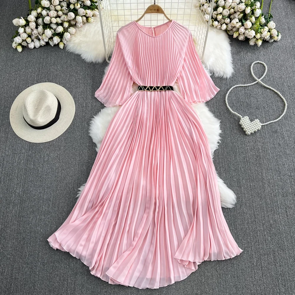 Premium Long Sleeve Round Neck Waist Pleated Hem Long Casual Dresses