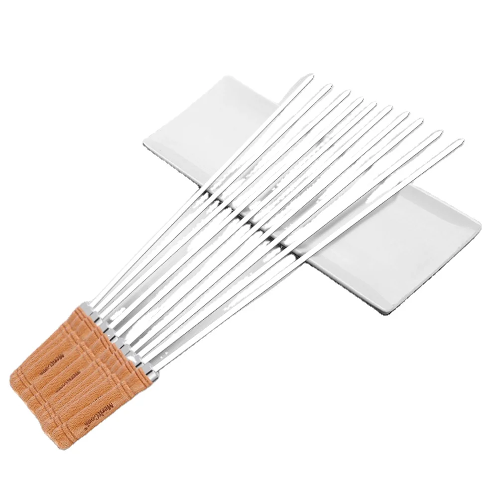 
10 Pieces Premium 16 Inches 41cm SS304 Flat BBQ Skewer Long Metal Grilling Skewer Stick with Beech Wooden Handle 