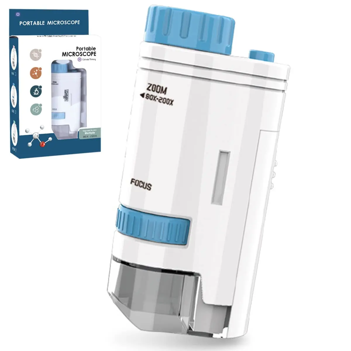 60-200x Zoom Kids Portable Microscope Pocket Handheld Mini Microscope with LED Light High Definition for Students