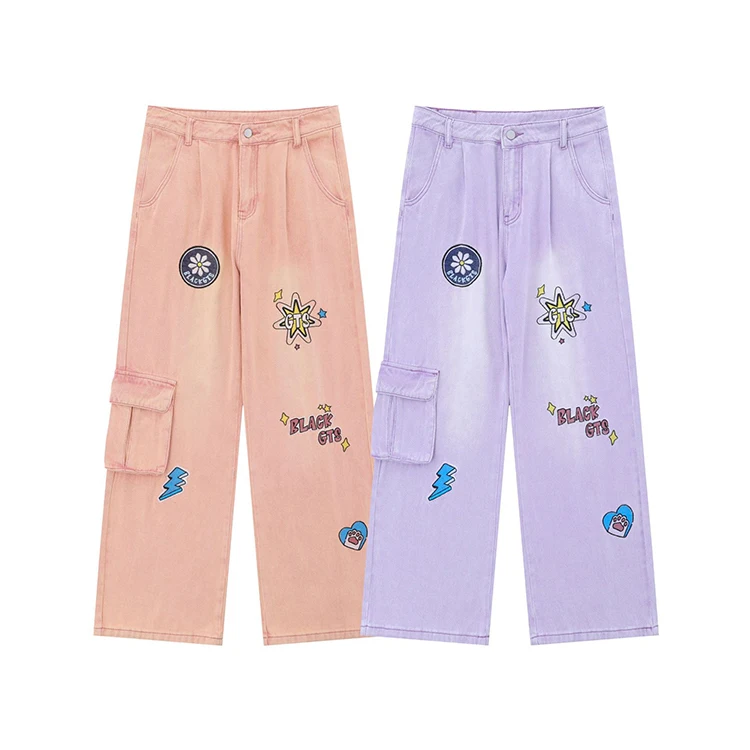 American design trendy brand jeans with graffiti print pink jeans straight leg cotton jeans with unisex