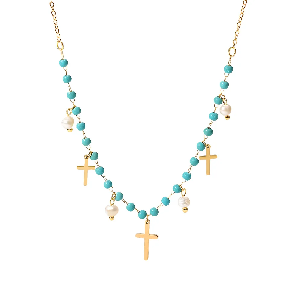 Blue stone rice bead choker cross freshwater pearl charm pendant necklace for women