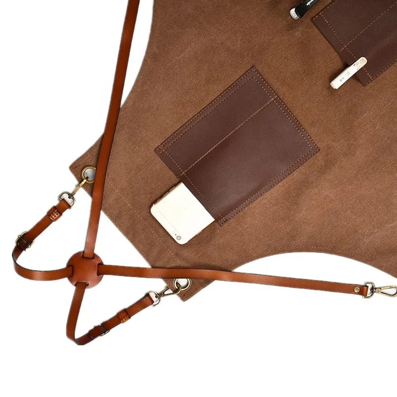 New canvas apron logo leather shoulder strap with leather pocket barber apron for men wear-resistant grill apron for men