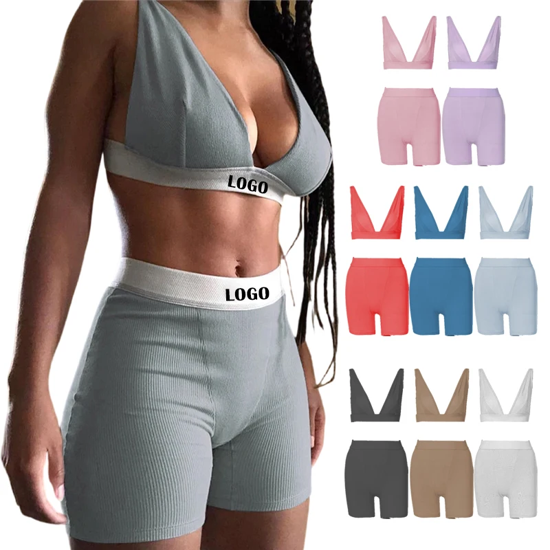 Custom high waist blank brand fitness ribbed brand bra biker shorts lounge wear sets plus size crochet outfit for women