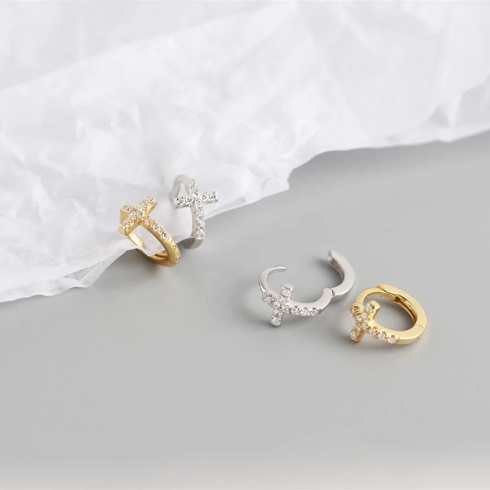 Zirconia Earrings Religious Cross Shaped Trendy Young People Hoop Earrings Diamond Set 925 Silver Gold Plated Earrings