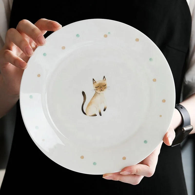 Ceramic Plate Dinner Plate with Cute Cat Design for Creative Cartoon Plate Dish Dinnerware Round Customized Pattern Kitchen