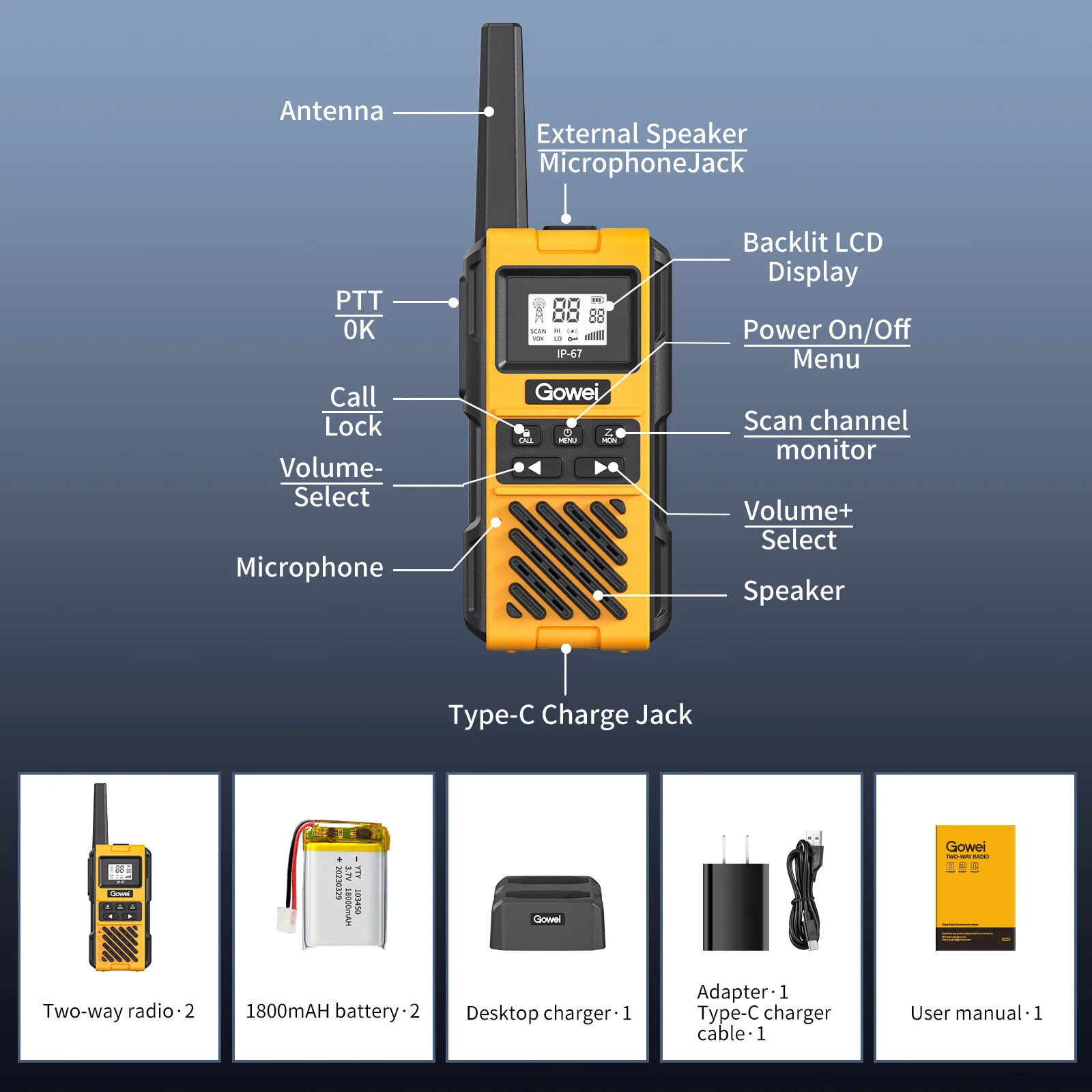 Two Way Radio G1PRO UHF Walkie Talkie with Charger, Hands Free, Long Range Walkie Talkie IP67