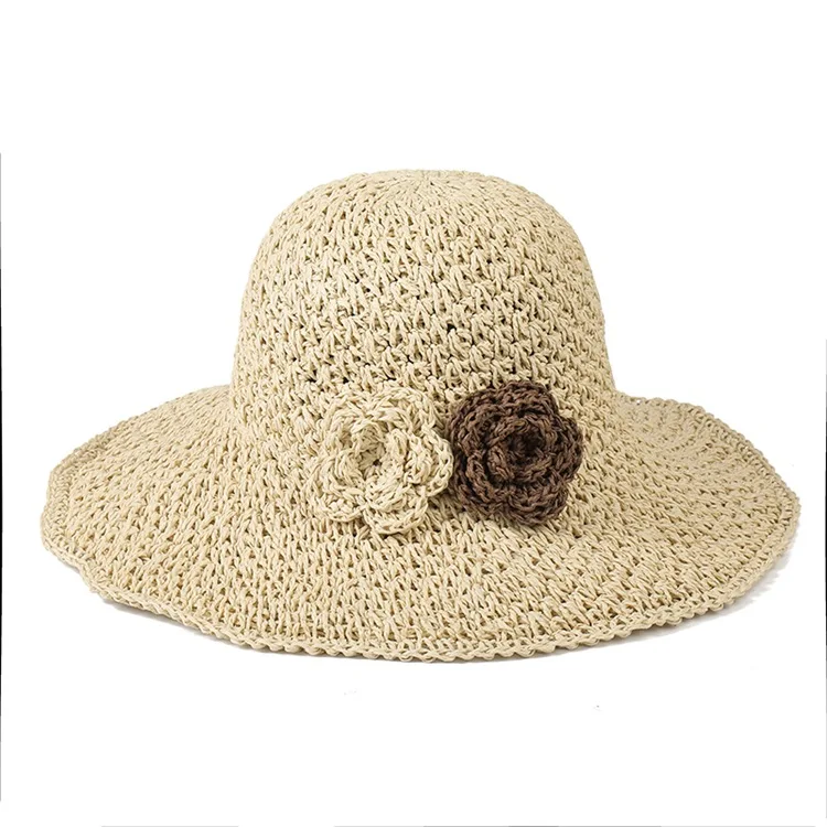Women Fashion Hats Packable Paper Straw Hand Crochet Sun Hat Wide Brim Floppy Dress Beach Hats with Flowers