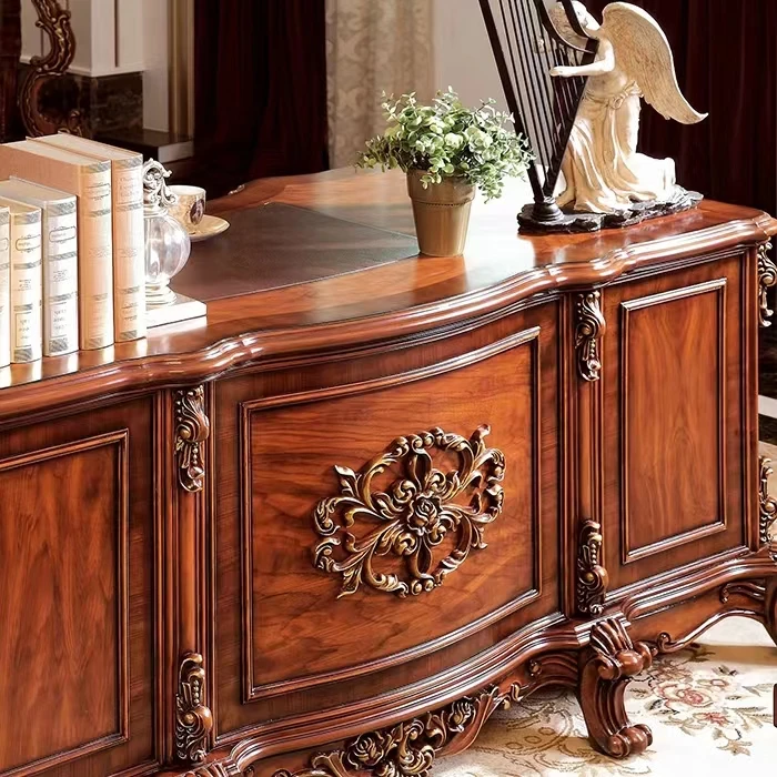 Popular carved office desk retro classical carved wood gold carving desk with wooden bookcase bookshelf