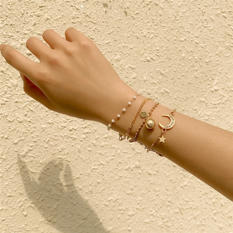 New Fashion Jewelry Set Layered Seed Beaded Bracelet Gold Chain Moon And Star Charm