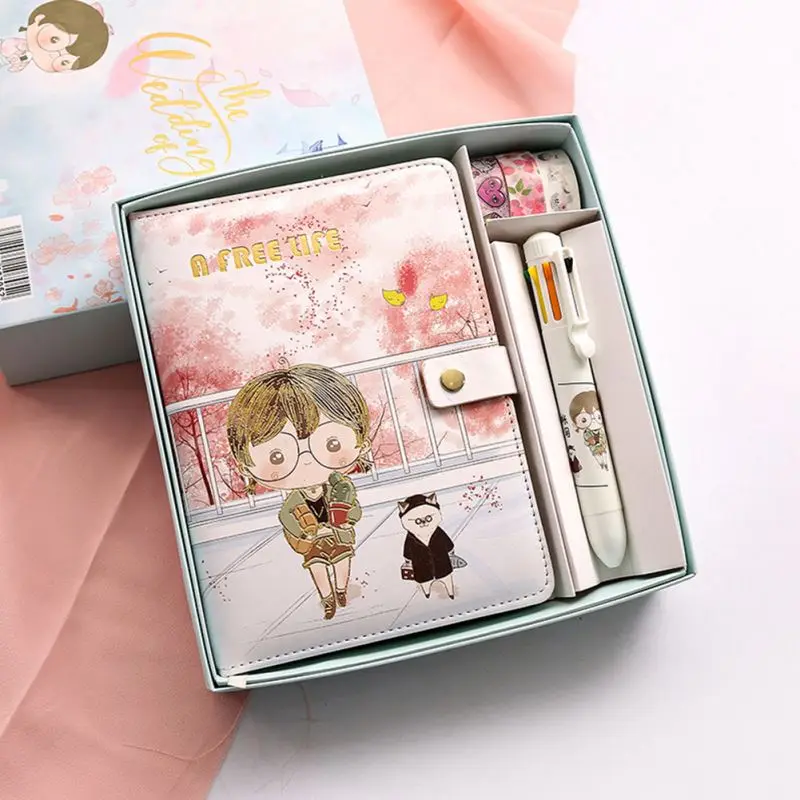 2023 Hot Sale Kawaii, Stationery Mini Journal Cute Cartoon Boy And Girl 100 Pages Multi Color Notebook Set With Pen/