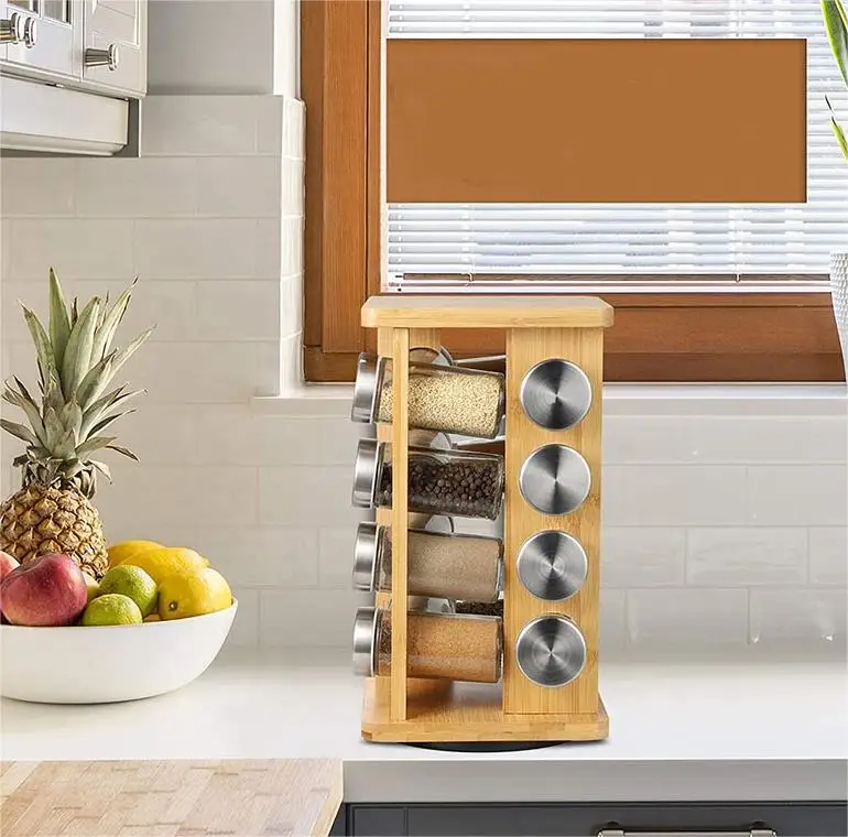 Kitchen 16 Bottle Spice Rack Rotation Spice Organizer Countertop Rack Custom Revolving Bamboo Spice Rack