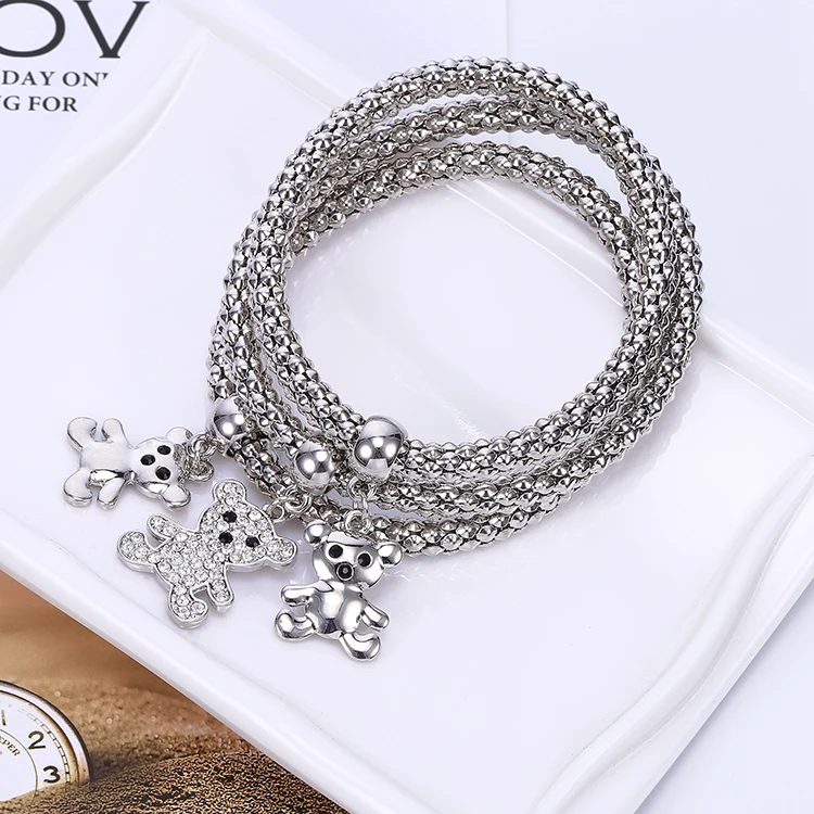 Minimalist Lucky Girl Bracelet Lovely Bear Elastic Popcorn Chain Bracelet Cute Crystal Bear Charm Bracelets